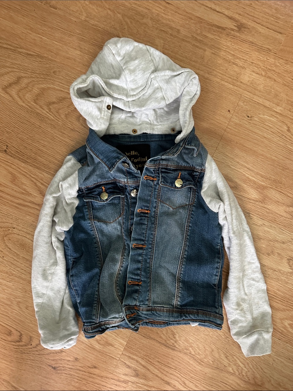 Mini Rodini Blue Denim Jacket with Light Gray Hoodie Sleeves